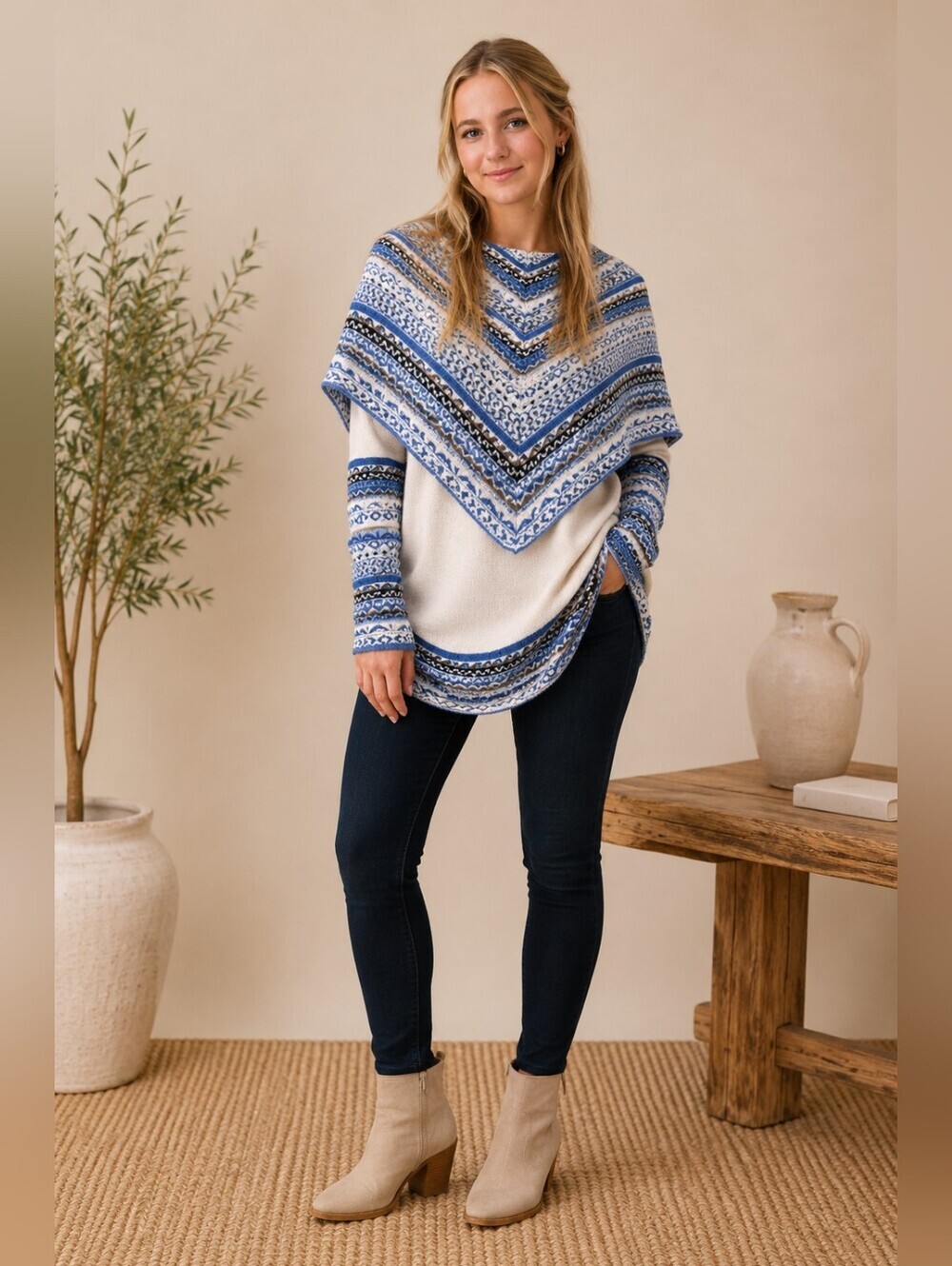 Alpaca Blend Fair Isle Poncho Sweater Blue Ivory One Size